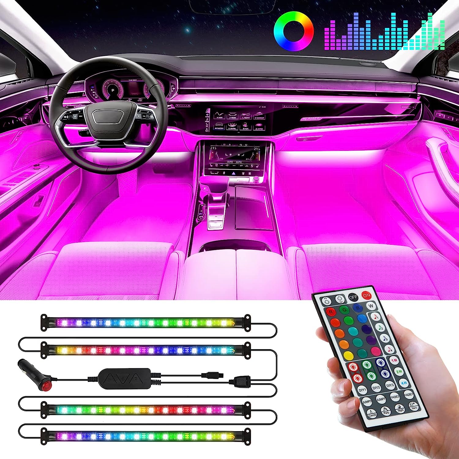 Pack de 4 Bandes Lumineuses RVB Pour Intérieur Voiture