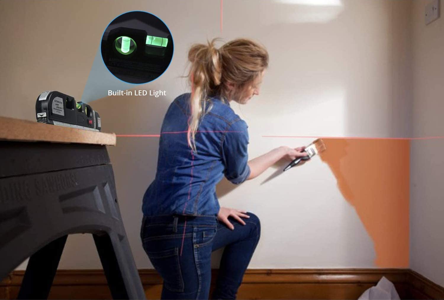 Niveau Laser Polyvalent Semlos, Niveaux à Bulle, Ruban à Mesurer, Règle Métrique (250 cm)