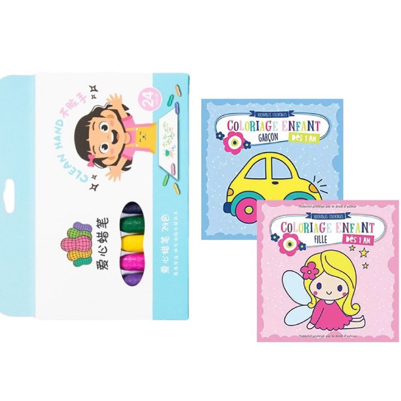 Boites de 24 pastel anti tache + 2 livres de coloriage